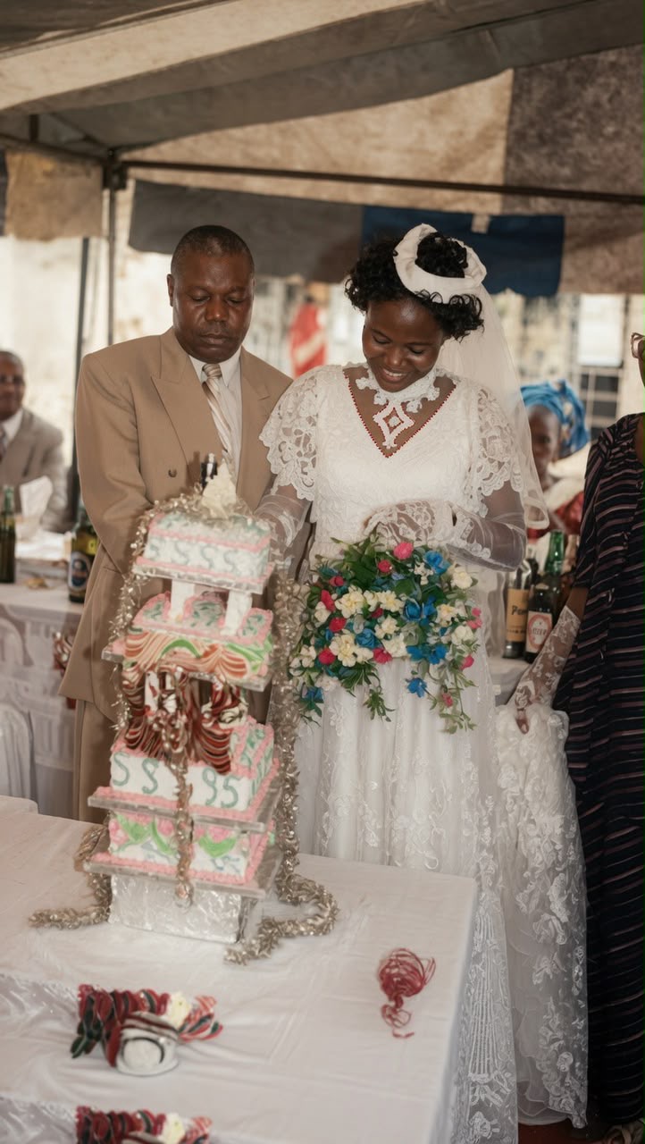 Dad and Mum cutting their wedding cake